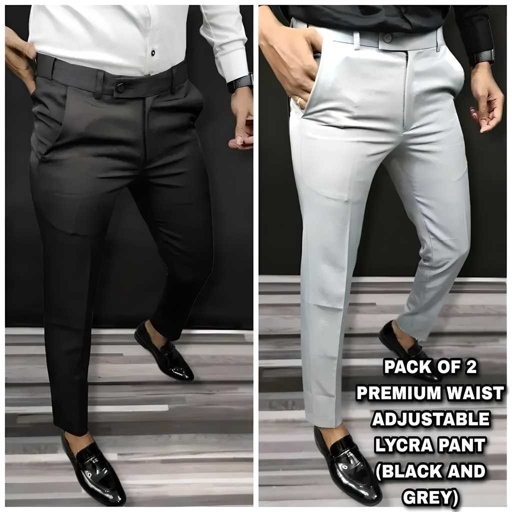 Premium Waist Adjustable Lycra Men’s Trousers – Solid Black & White | Casual Wear | Pack of 2
