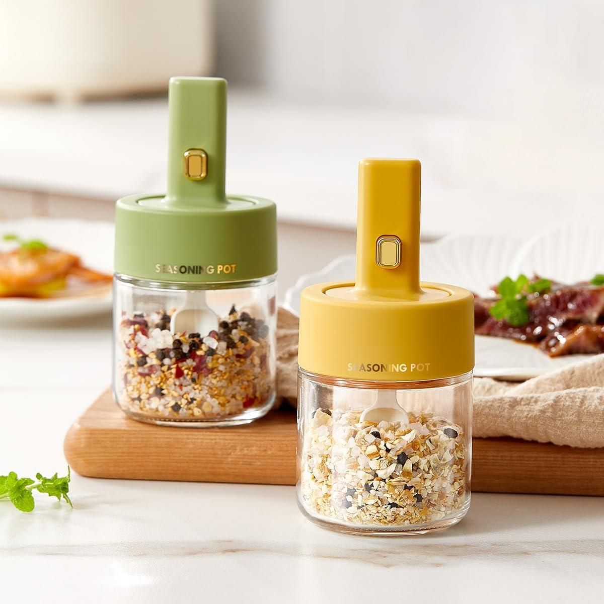 Airtight Glass Seasoning Jar with Spoon Lid & Silicone Seal | Leak-Proof Spice Container for Kitchen | Pack of 1