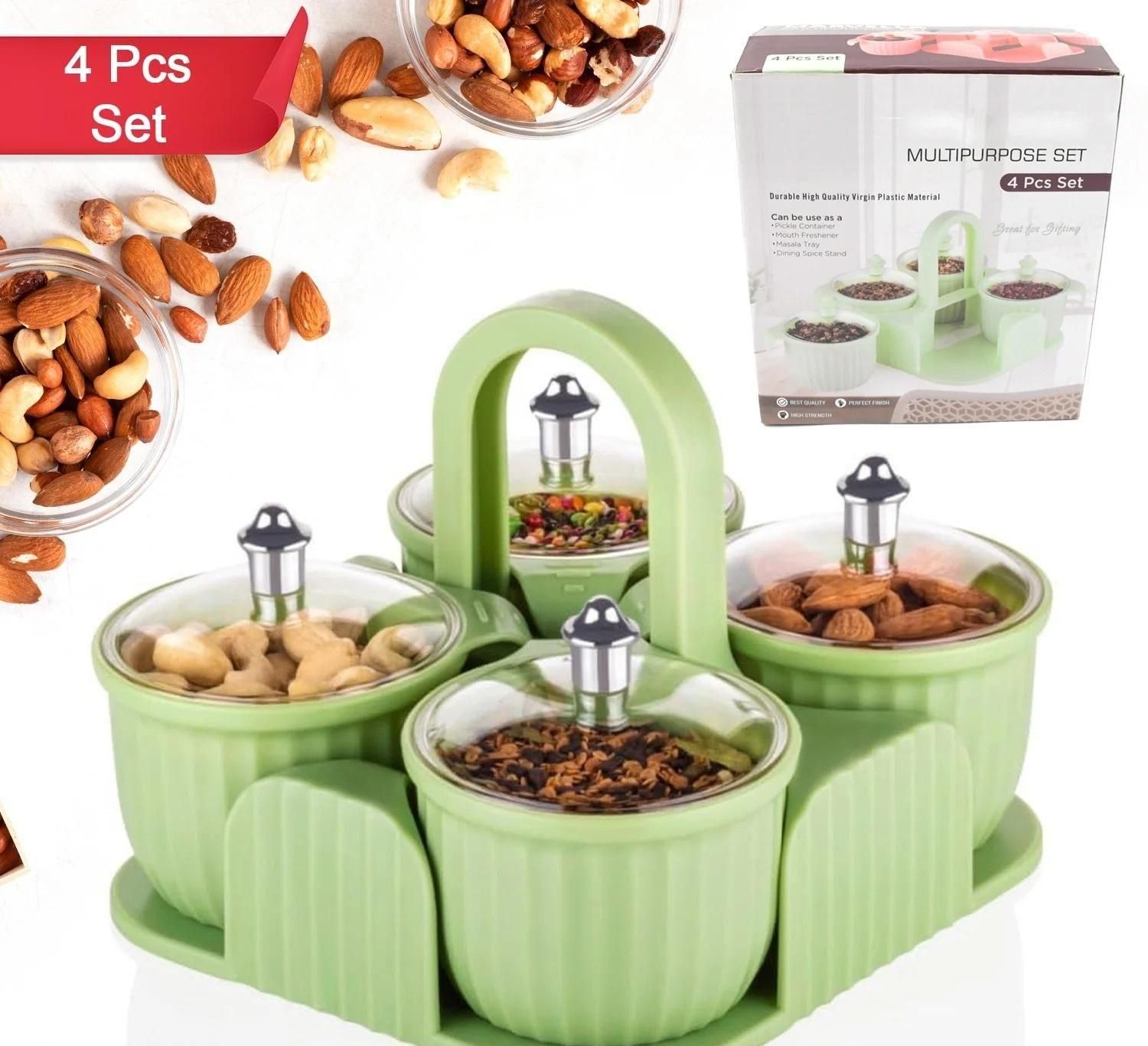 Multipurpose 4-Piece Storage Jar Set with Tray – Compact Plastic Spice & Snack Organizer (1 Set)
