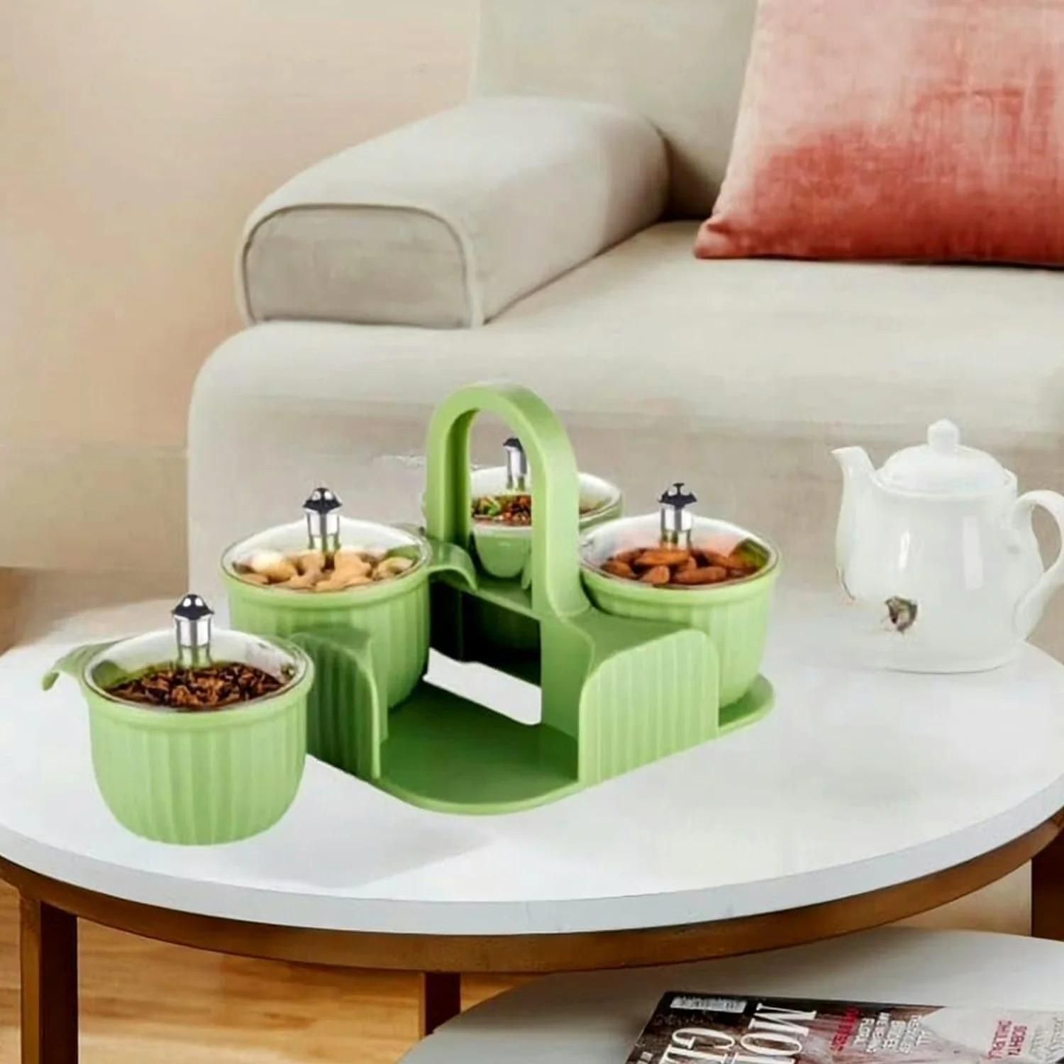 Multipurpose 4-Piece Storage Jar Set with Tray – Compact Plastic Spice & Snack Organizer (1 Set)