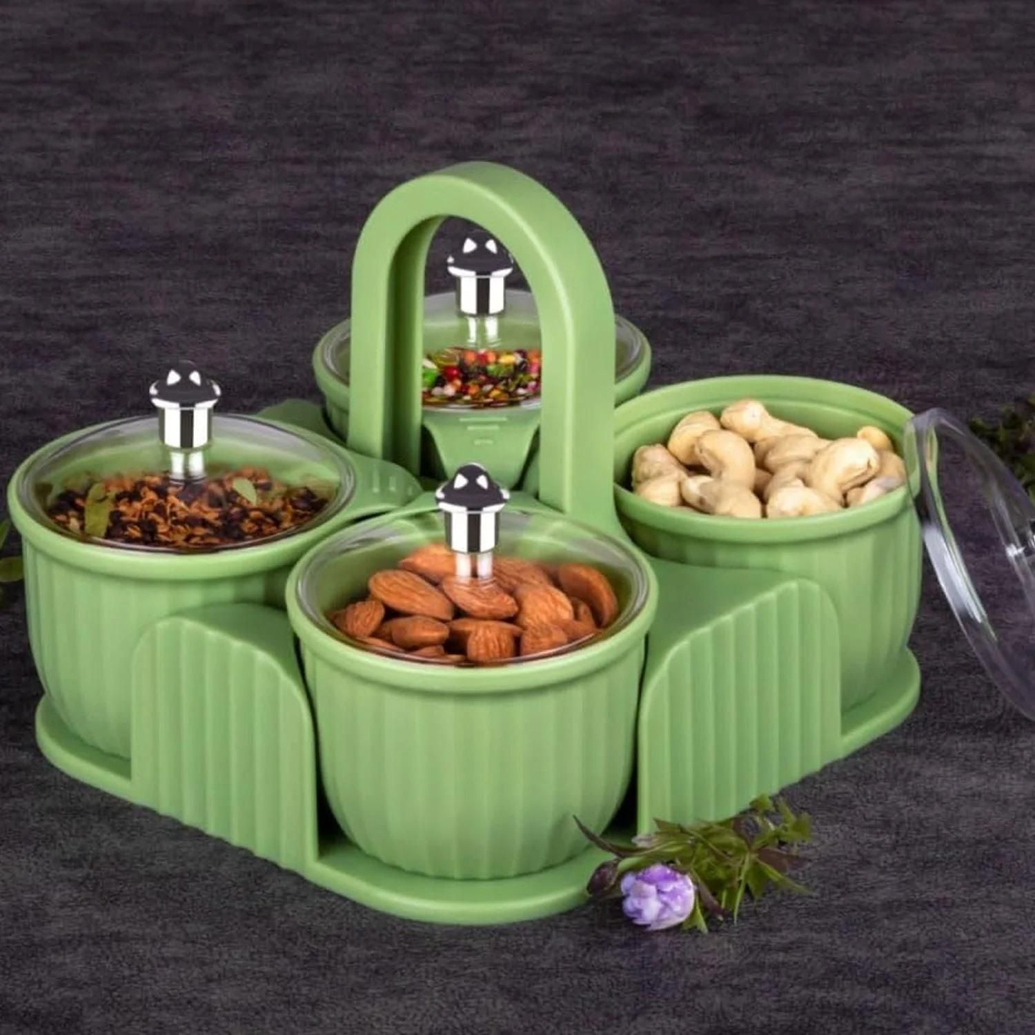 Multipurpose 4-Piece Storage Jar Set with Tray – Compact Plastic Spice & Snack Organizer (1 Set)