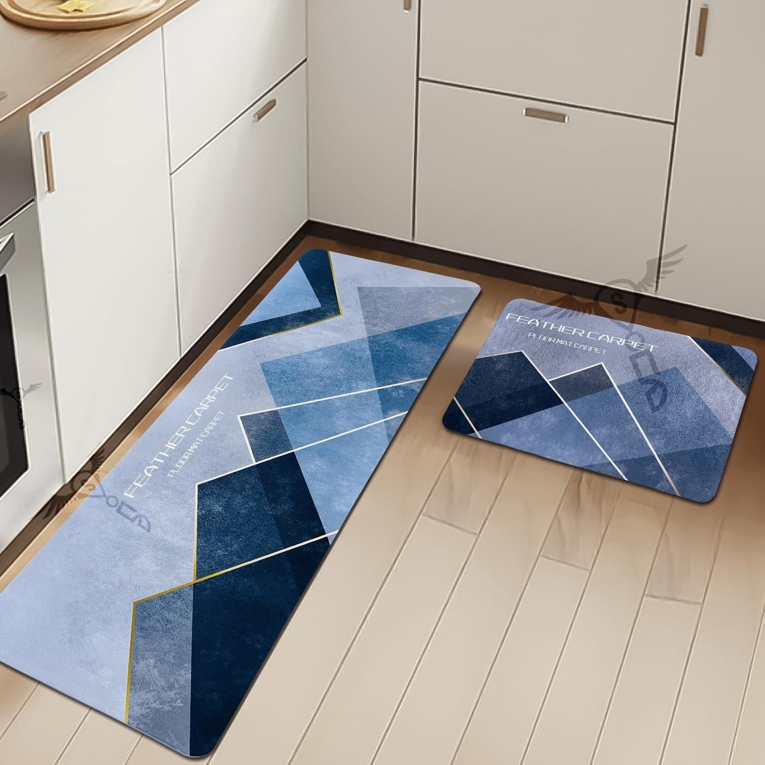 Cotton Rubber Backed Floor Mat & Runner Set | Geometric Design | Anti-Slip & Quick Dry | Pack of 2