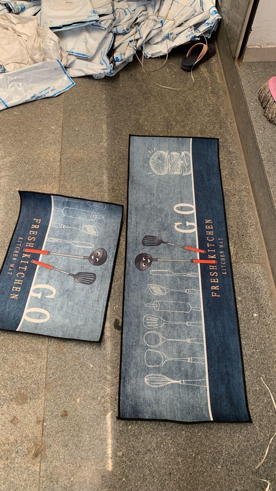 Cotton Rubber Backed Floor Mat & Runner Set | Geometric Design | Anti-Slip & Quick Dry | Pack of 2