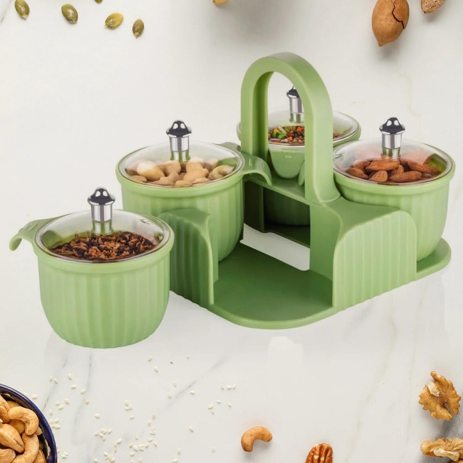 Multipurpose 4-Piece Storage Jar Set with Tray – Compact Plastic Spice & Snack Organizer (1 Set)