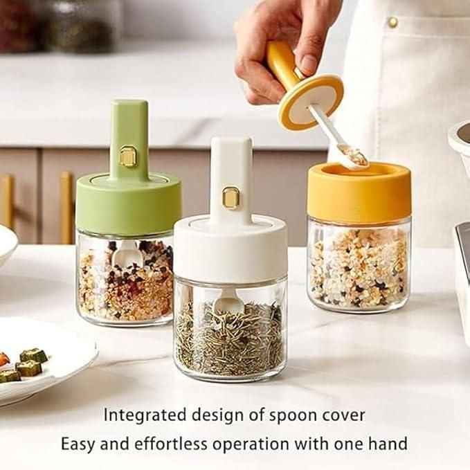 Airtight Glass Seasoning Jar with Spoon Lid & Silicone Seal | Leak-Proof Spice Container for Kitchen | Pack of 1