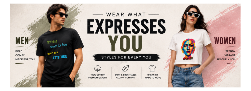 Promotional collage for a custom printed t-shirt kit, showing male and female models wearing graphic tees, with sections displaying different zodiac and couple-themed t-shirt designs.