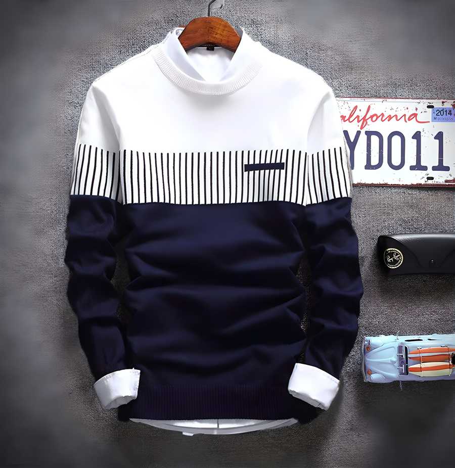 Men’s Cotton Color Block Full Sleeve T-Shirt – Round Neck | Regular Fit | Casual Wear (Blue)