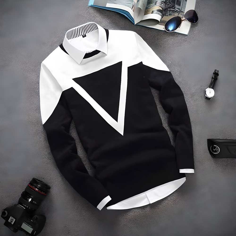 Men’s Cotton Color Block Full Sleeve T-Shirt – Round Neck | Regular Fit | Casual Wear (Black)