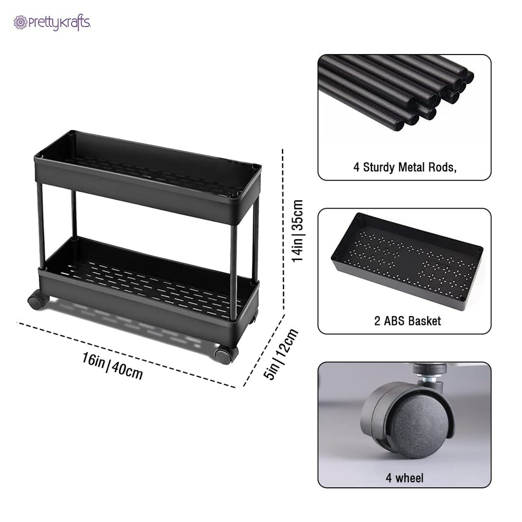 2-Tier Multipurpose Slim Plastic Storage Rack with Wheels – Slide-Out Kitchen & Bathroom Organizer (Black)