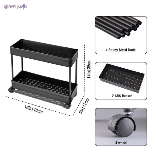 2-Tier Multipurpose Slim Plastic Storage Rack with Wheels – Slide-Out Kitchen & Bathroom Organizer (Black)