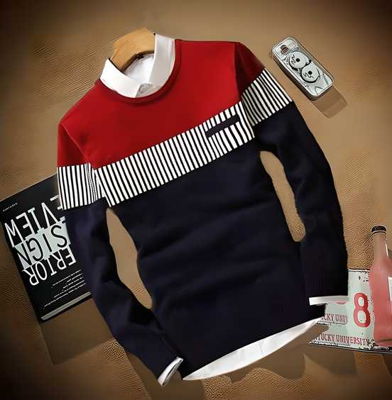 Men’s Full Sleeve Cotton Color Block T-Shirt – Round Neck | Casual Wear (Red, Pack of 1)