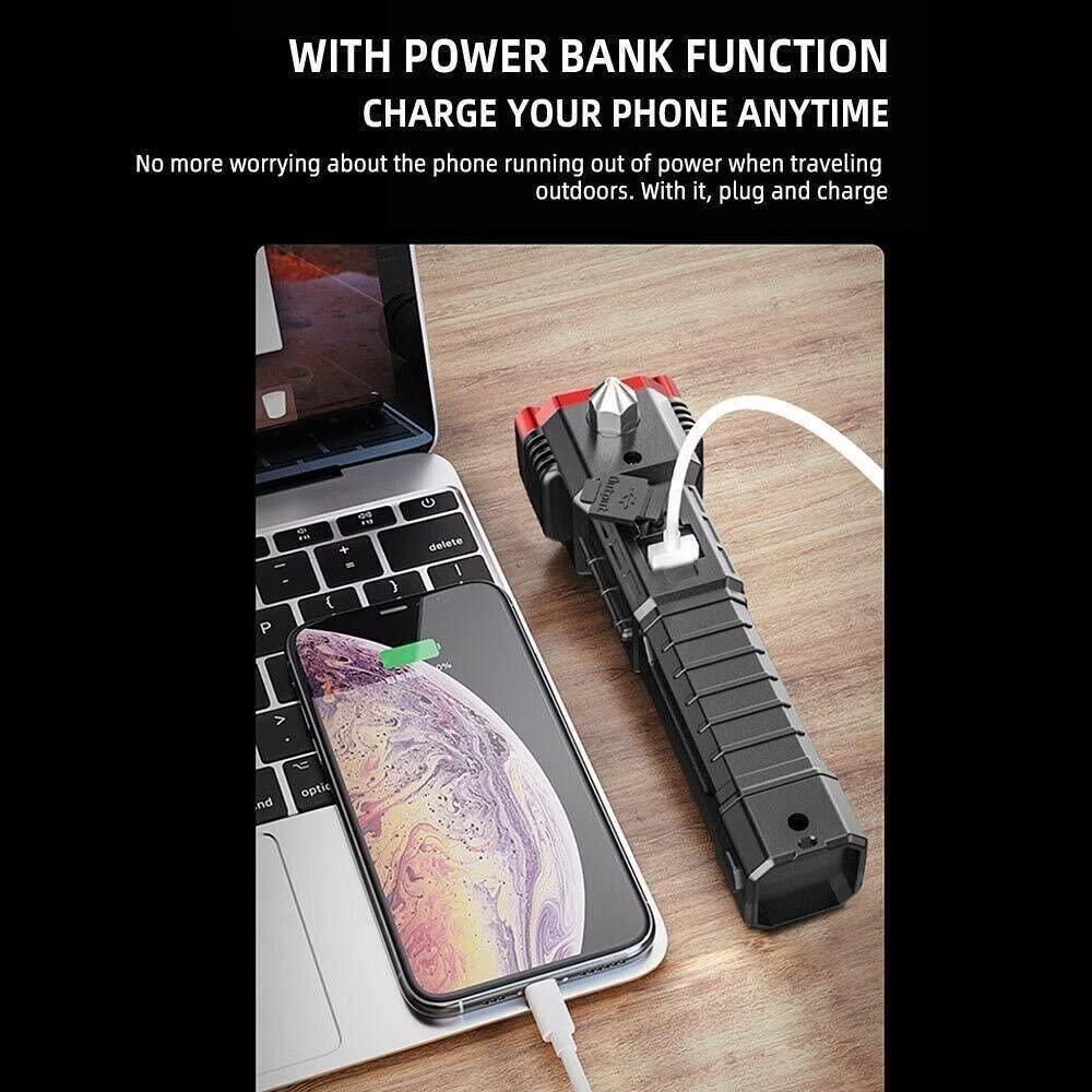 Portable Rechargeable LED Flashlight Torch – Long-Distance Beam with Safety Hammer & Power Bank | Multi-Functional Emergency Torch (Pack of 1)