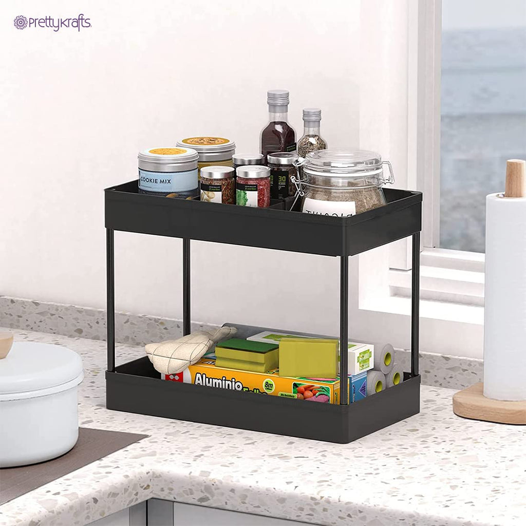 2-Tier Multipurpose Slim Plastic Storage Rack with Wheels – Slide-Out Kitchen & Bathroom Organizer (Black)