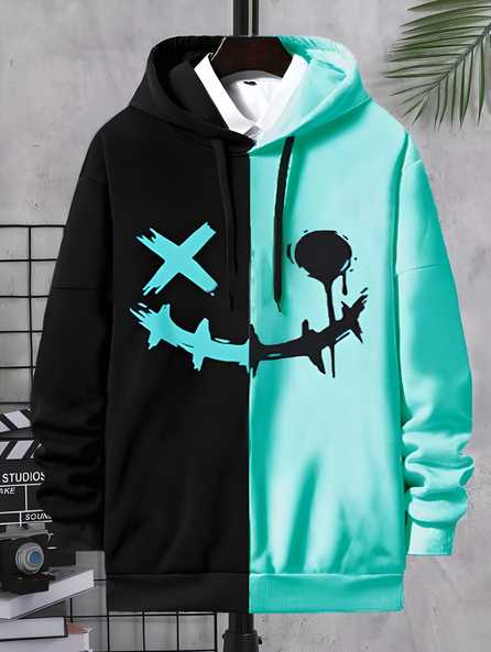 Men’s Cotton Blend Color Block Printed Hoodie – Full Sleeves | Loose Fit | Casual Wear (Multicolor)