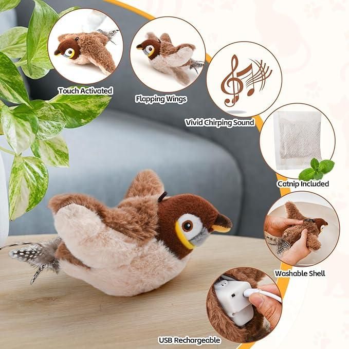 Rechargeable Flapping Pet Toy – Interactive Moving Toy for Cats and Dogs | Automatic Chirping & Motion (Pack of 1)