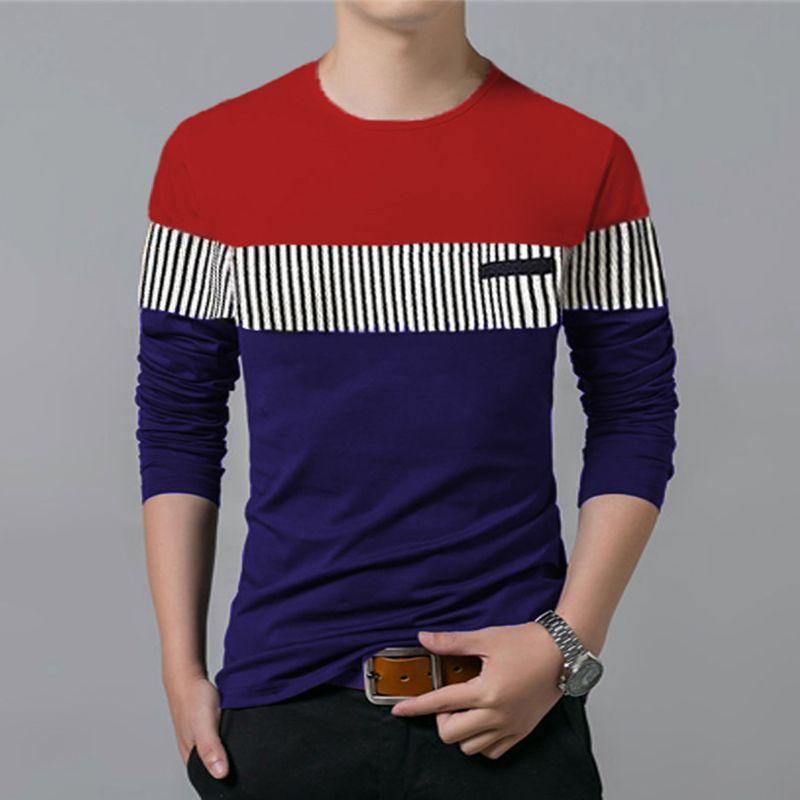 Men’s Full Sleeve Cotton Color Block T-Shirt – Round Neck | Casual Wear (Red, Pack of 1)