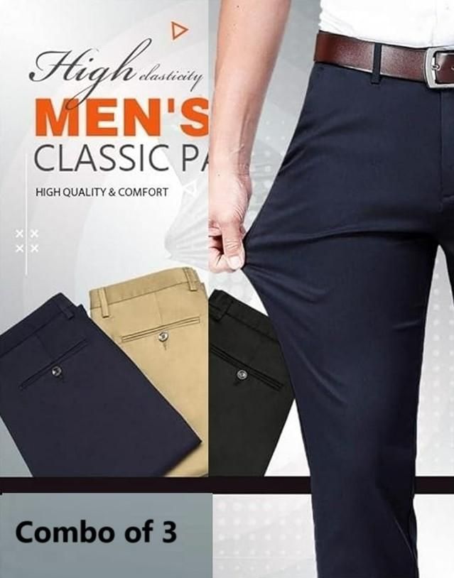 Men’s High Elasticity Classic Cotton Pants | Solid Colors | Comfortable Everyday Wear | Pack of 3