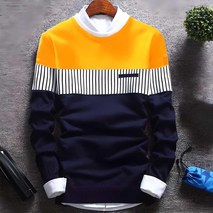 Men’s Cotton Striped Full Sleeve T-Shirt – Round Neck | Casual Wear | Yellow (Pack of 1)