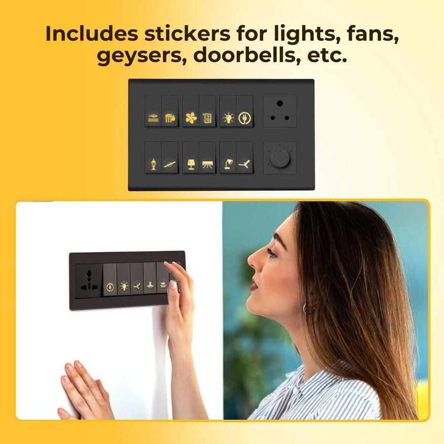 Gold Icon Switch Sticker Labels | Easy-to-Read Symbols for Home & Office Switchboards | Pack of 1
