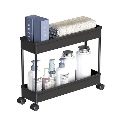 2-Tier Multipurpose Slim Plastic Storage Rack with Wheels – Slide-Out Kitchen & Bathroom Organizer (Black)