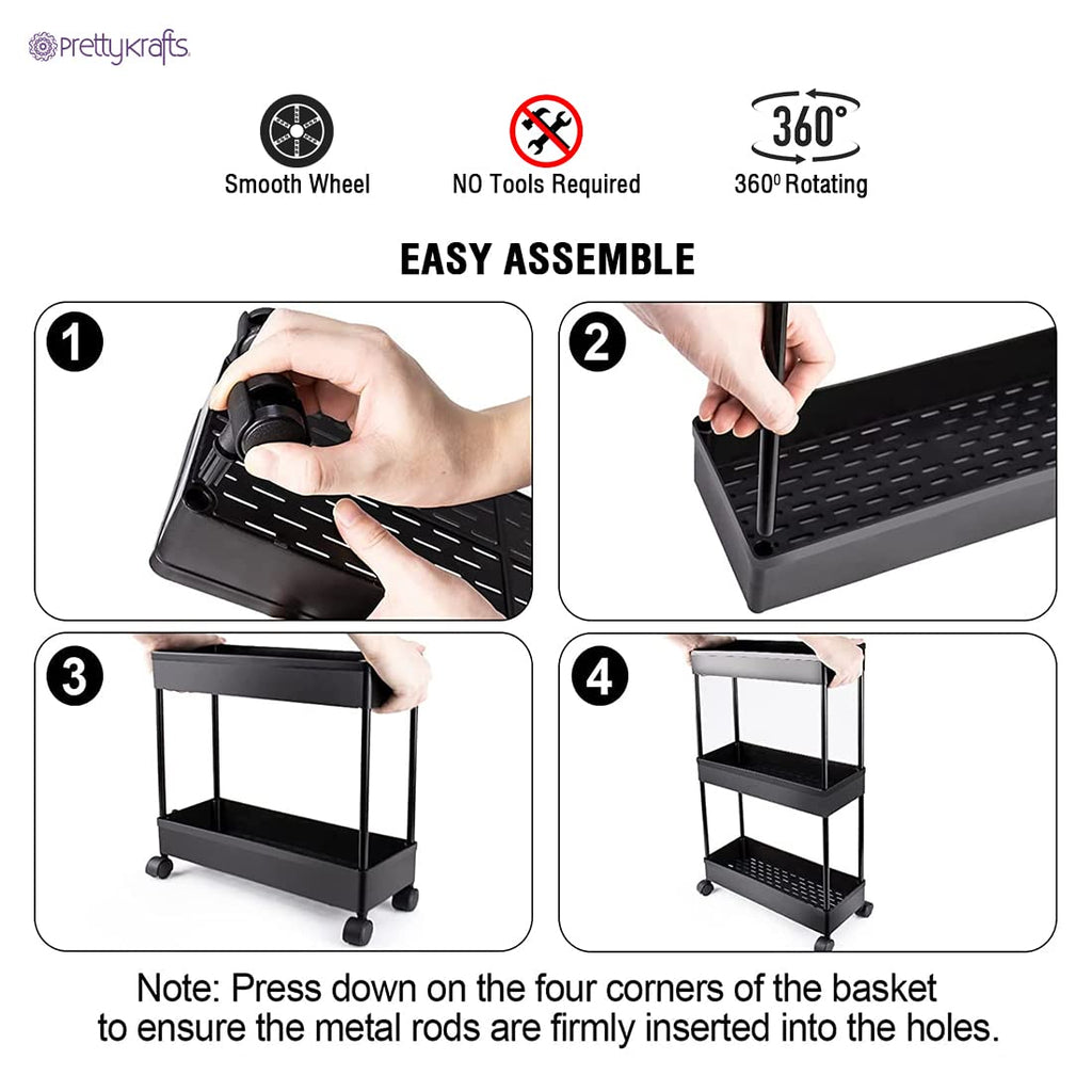 2-Tier Multipurpose Slim Plastic Storage Rack with Wheels – Slide-Out Kitchen & Bathroom Organizer (Black)